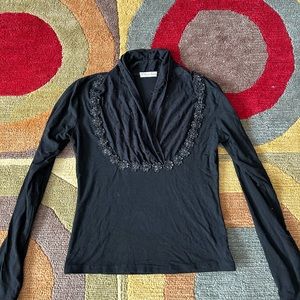 y2k 90’s style Vintage Retro Black Stretch Dressy Floral Sequin Long Sleeve Top